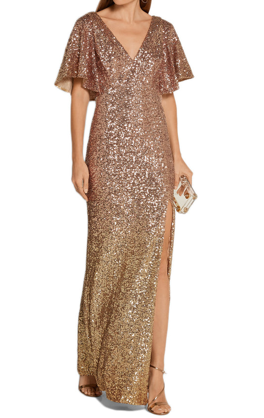 Vestido de noche dorado con lentejuelas, escote en V y mangas cortas de MACloth con abertura