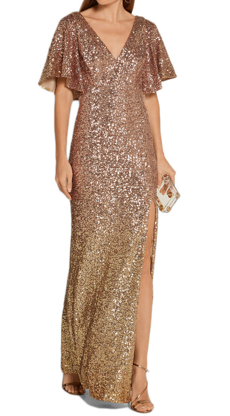 MACloth Short Sleeves V Neck Sequin Gold Evening Gown with Slit