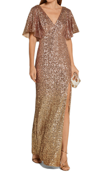 MACloth Short Sleeves V Neck Sequin Gold Evening Gown with Slit