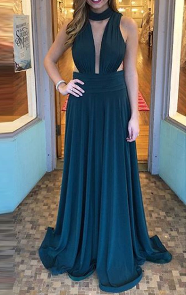 MACloth Halter Deep V Neck Jersey Teal Prom Dress Simple Formal Evening Gown