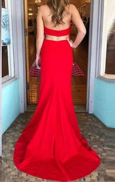 MACloth Mermaid Halter V neck Long Prom Dress Red Formal Evening Gown