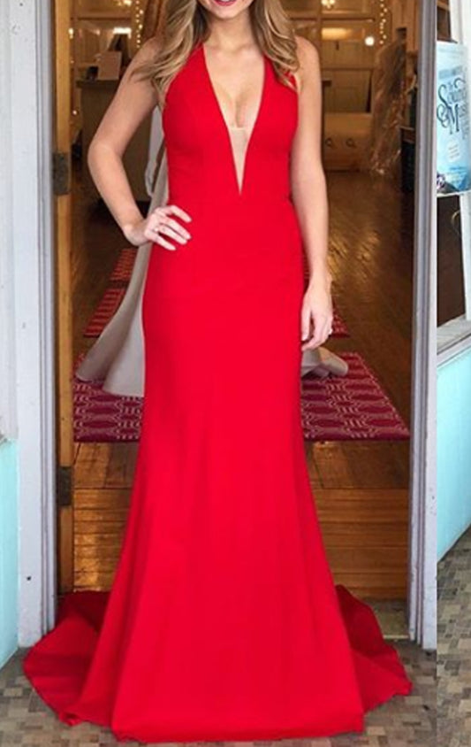 Vestido de fiesta largo con escote en V y corte sirena de MACloth, vestido de noche formal rojo