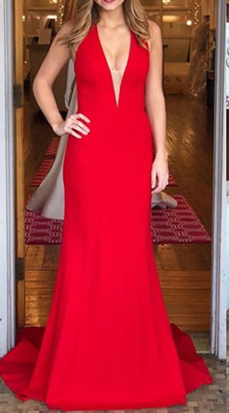 MACloth Mermaid Halter V neck Long Prom Dress Red Formal Evening Gown