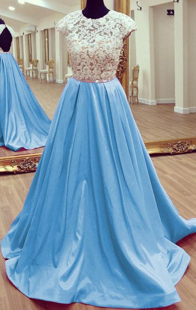 MACloth Cap Sleeves O Neck Lace Satin Long Prom Dress Sky Blue Formal Evening Gown