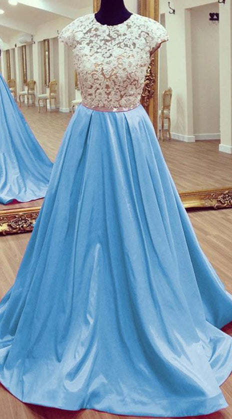 MACloth Cap Sleeves O Neck Lace Satin Long Prom Dress Sky Blue Formal Evening Gown