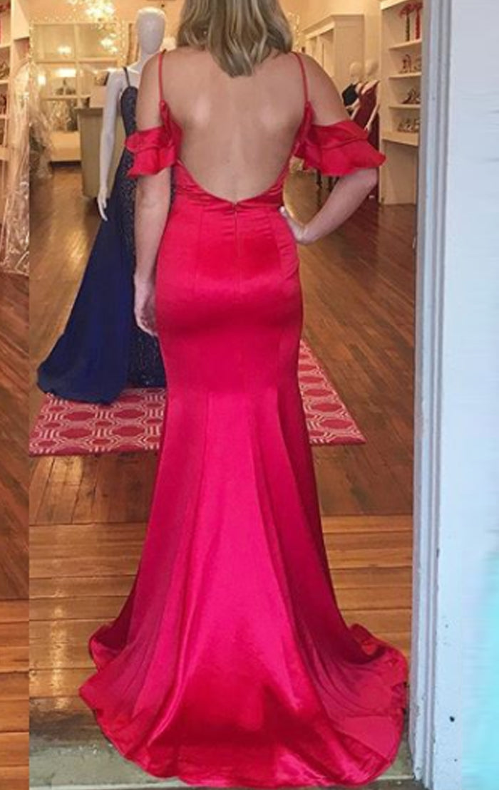 Vestido de fiesta de satén con hombros descubiertos y corte en forma de tubo MACloth, vestido de noche formal rojo