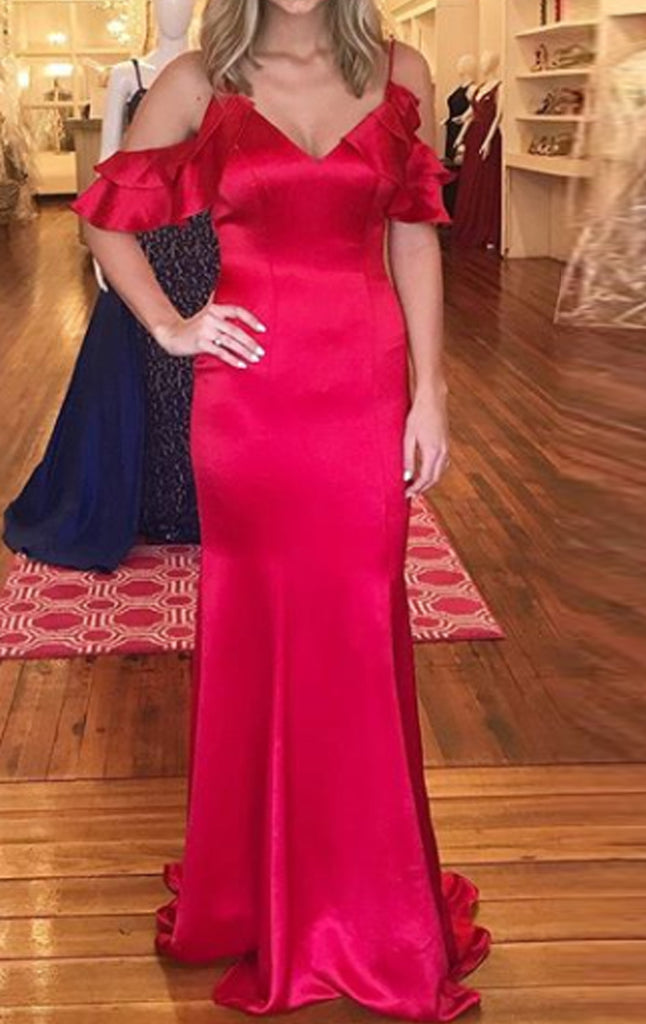 MACloth Sheath Off the Shoulder Satin Prom Dress Red Formal Evening Gown