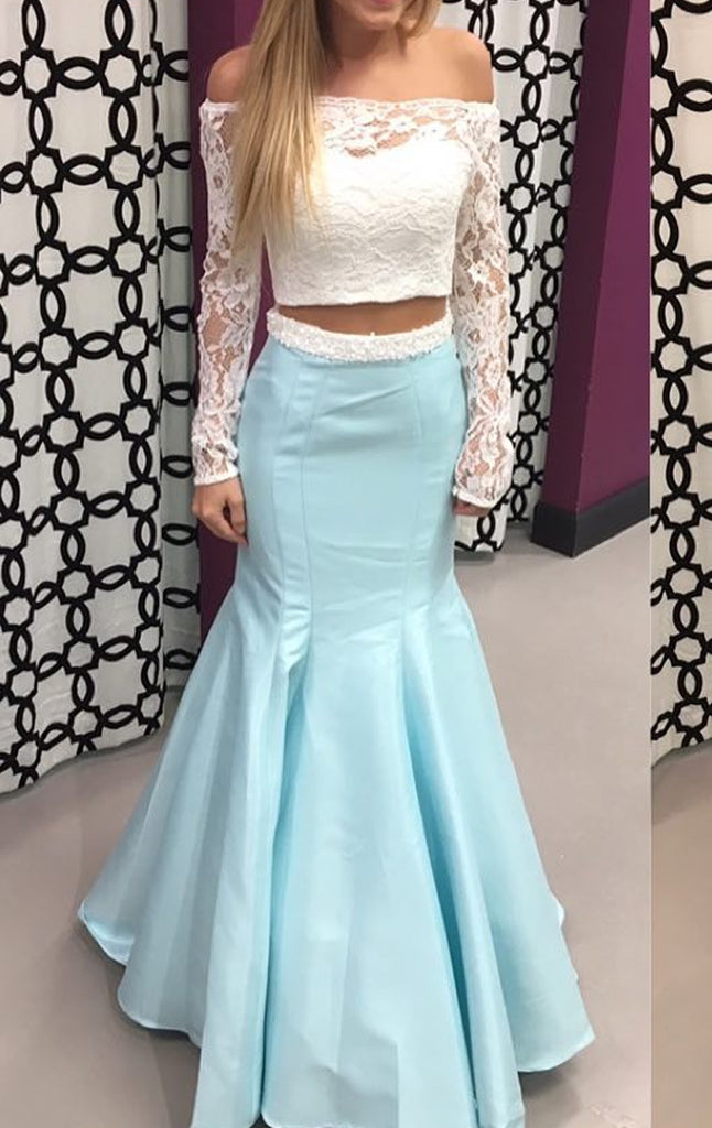 MACloth Off the Shoulder Long Sleeves 2 Piece Prom Dress Sky Blue Formal Evening Gown