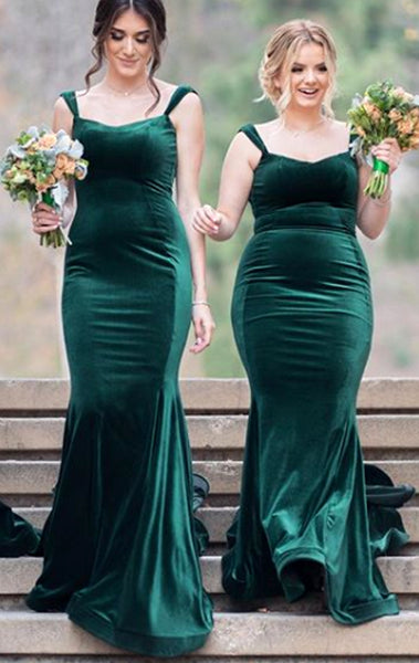 MACloth Mermaid Straps Velvet Long Bridesmaid Dress Green Formal Evening Gown