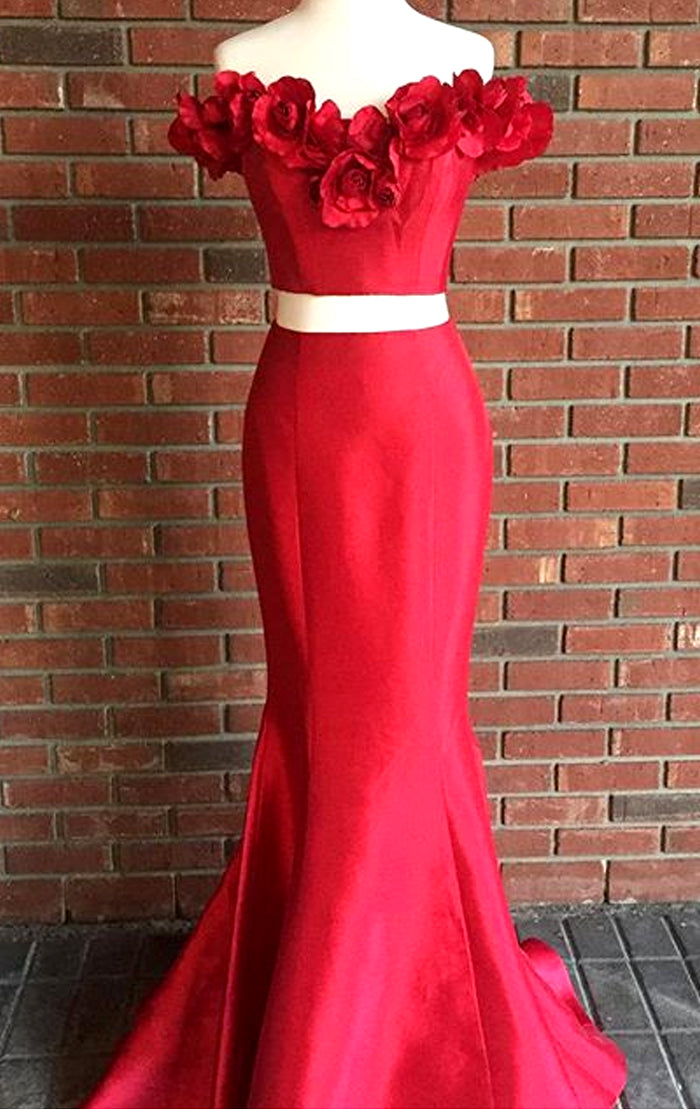 Vestido de fiesta de 2 piezas con hombros descubiertos y corte sirena de MACloth, vestido de noche formal rojo