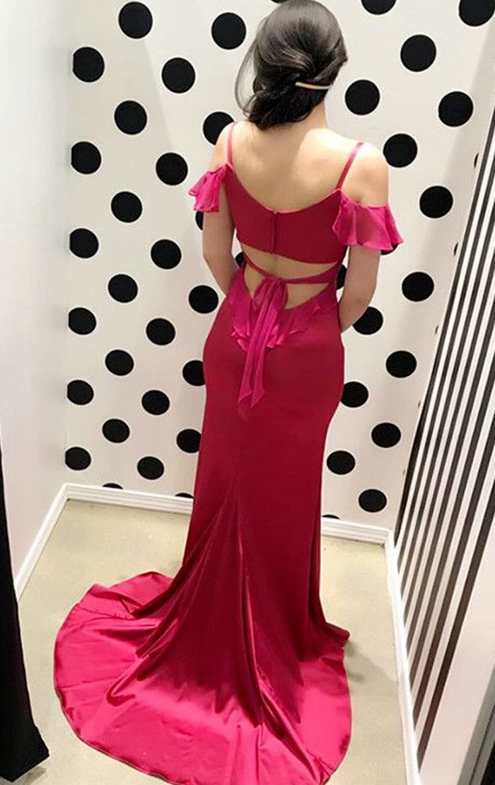 Vestido de fiesta largo con escote en V y hombros descubiertos de MACloth, vestido de noche formal color fucsia