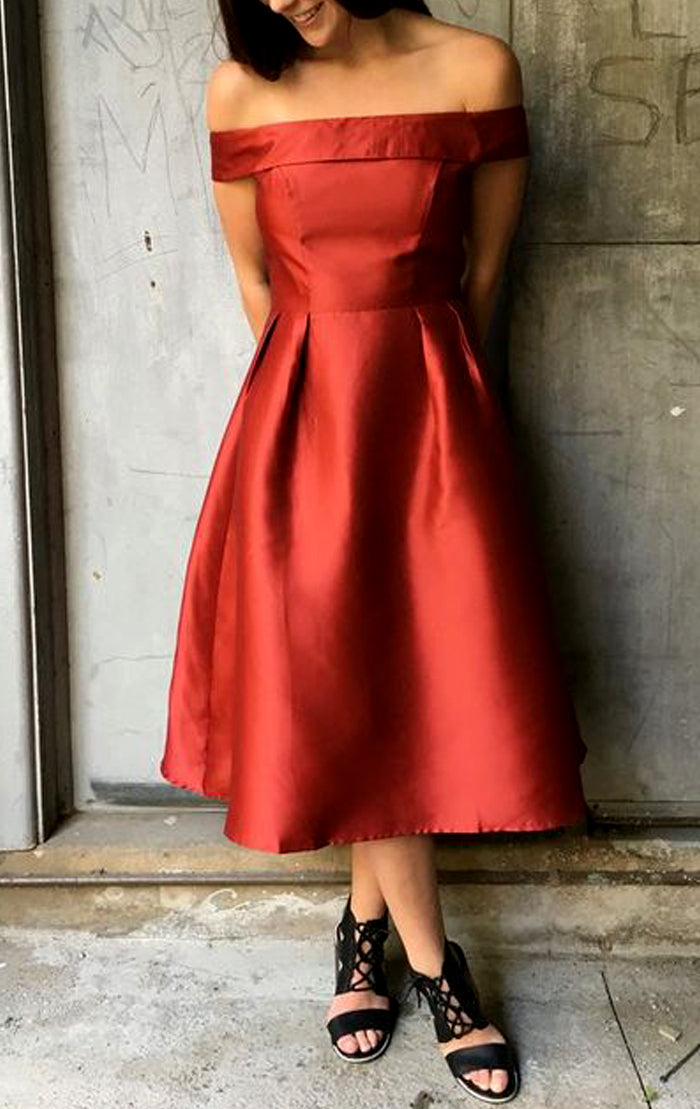 Vestido de fiesta de graduación midi con hombros descubiertos de MACloth, vestido de noche formal color coral