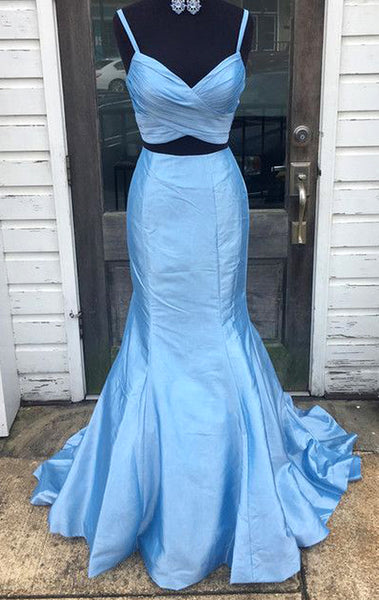 MACloth Mermaid 2 Piece V Neck Long Prom Dress Taffeta Blue Formal Evening Gown