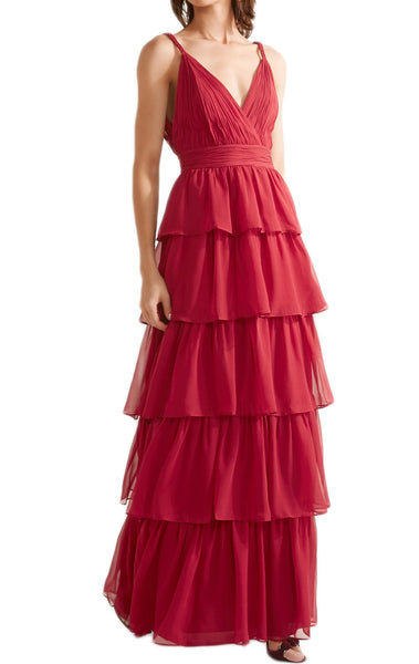 MACloth Straps V Neck Tiered Long Chiffon Prom Dress Red Formal Evening Gown