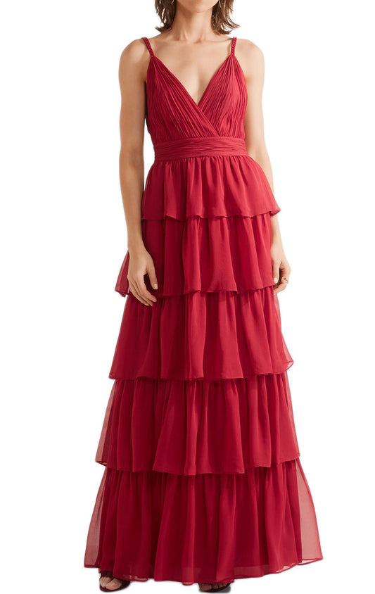 MACloth Straps V Neck Tiered Long Chiffon Prom Dress Red Formal Evening Gown