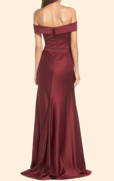 MACloth Sheath Off the Shoulder Long Prom Dress Satin Burgundy Formal Evening Gown
