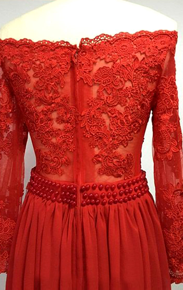 Vestido de fiesta largo de gasa con encaje y mangas largas con hombros descubiertos de MACloth, vestido de noche formal rojo