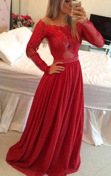 MACloth Off the Shoulder Long Sleeves Lace Chiffon Long Prom Dress Red Formal Evening Gown