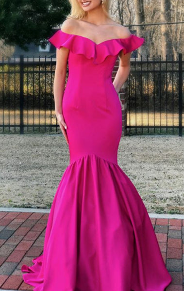 MACloth Mermaid Off the Shoulder Fuchsia Prom Dress Satin Formal Evening Gown