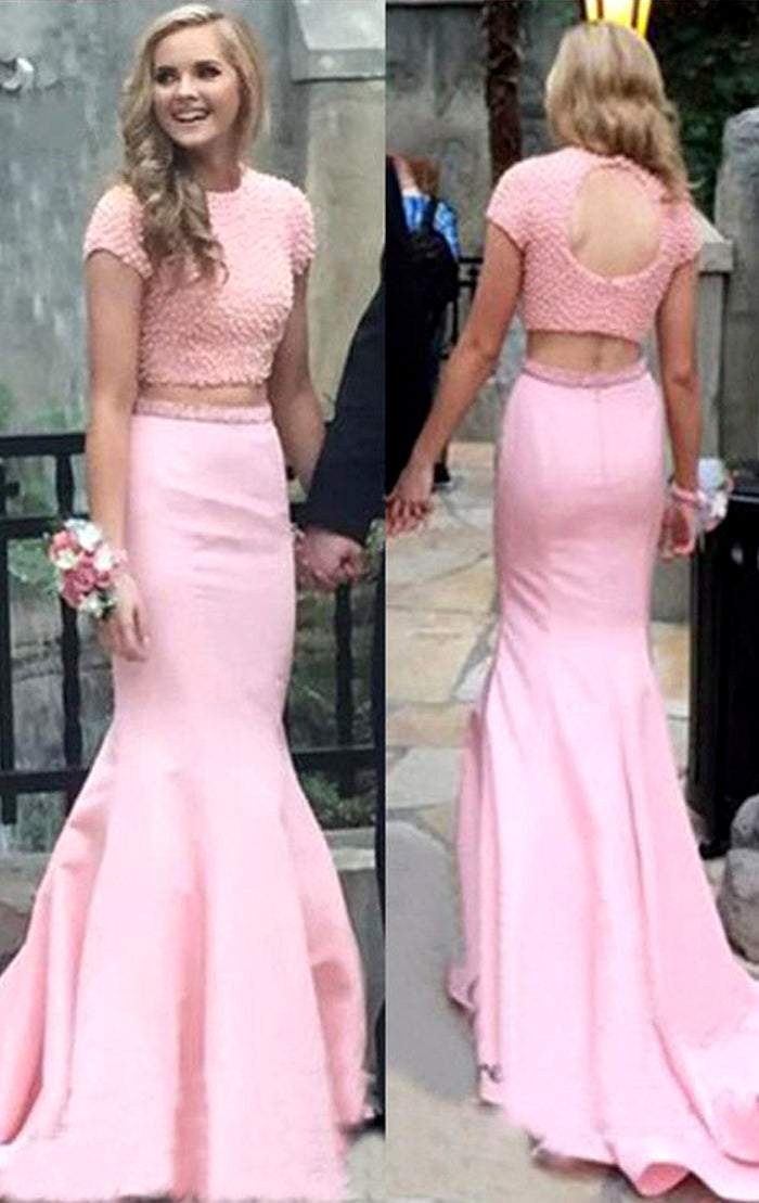 Vestido de fiesta de dos piezas con mangas cortas y corte sirena de MACloth, vestido de noche formal rosa
