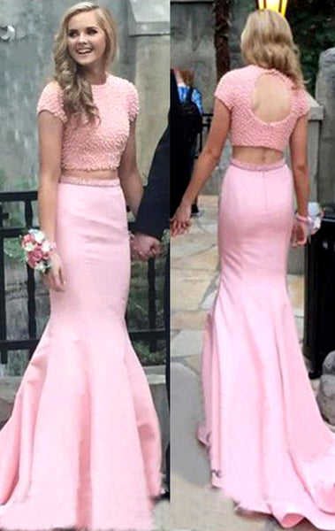MACloth Cap Sleeves Mermaid 2 Piece Prom Dress Pink Formal Evening Gown