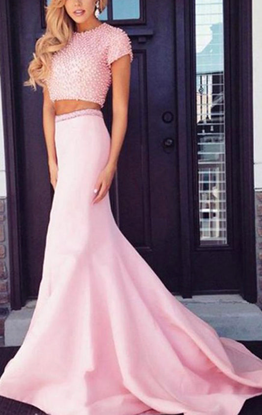 Vestido de fiesta de dos piezas con mangas cortas y corte sirena de MACloth, vestido de noche formal rosa