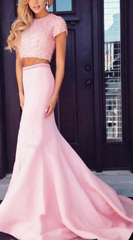 MACloth Cap Sleeves Mermaid 2 Piece Prom Dress Pink Formal Evening Gown