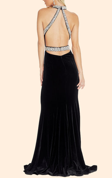 MACloth Halter Mermaid Black Velvet Long Prom Dress Elegant Formal Evening Gown