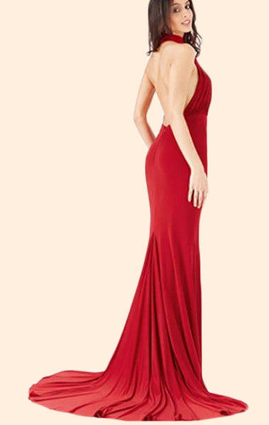 MACloth Mermaid High Neck Jersey Long Prom Dress Red Formal Evening Gown