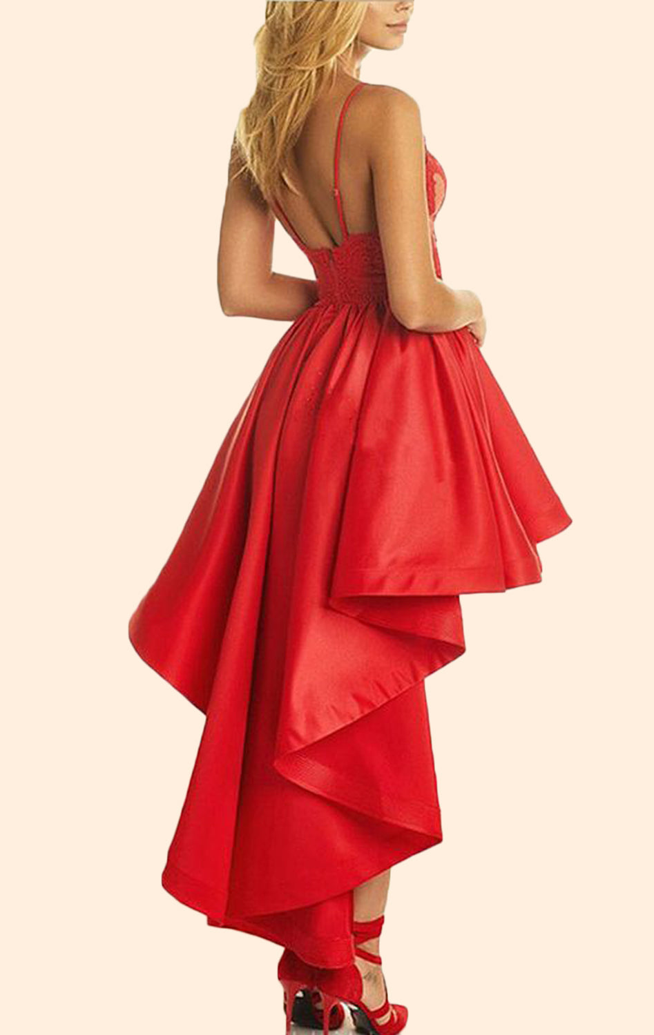 Vestido de fiesta de tafetán con escote en V y tirantes finos de MACloth, de encaje y tafetán, color rojo, para noche formal
