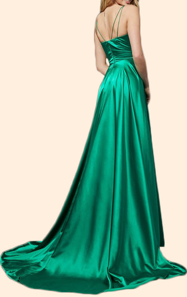 MACloth Straps V Neck Satin Long Prom Dress with Slit Wine Red / Champagne Formal Evening Gown