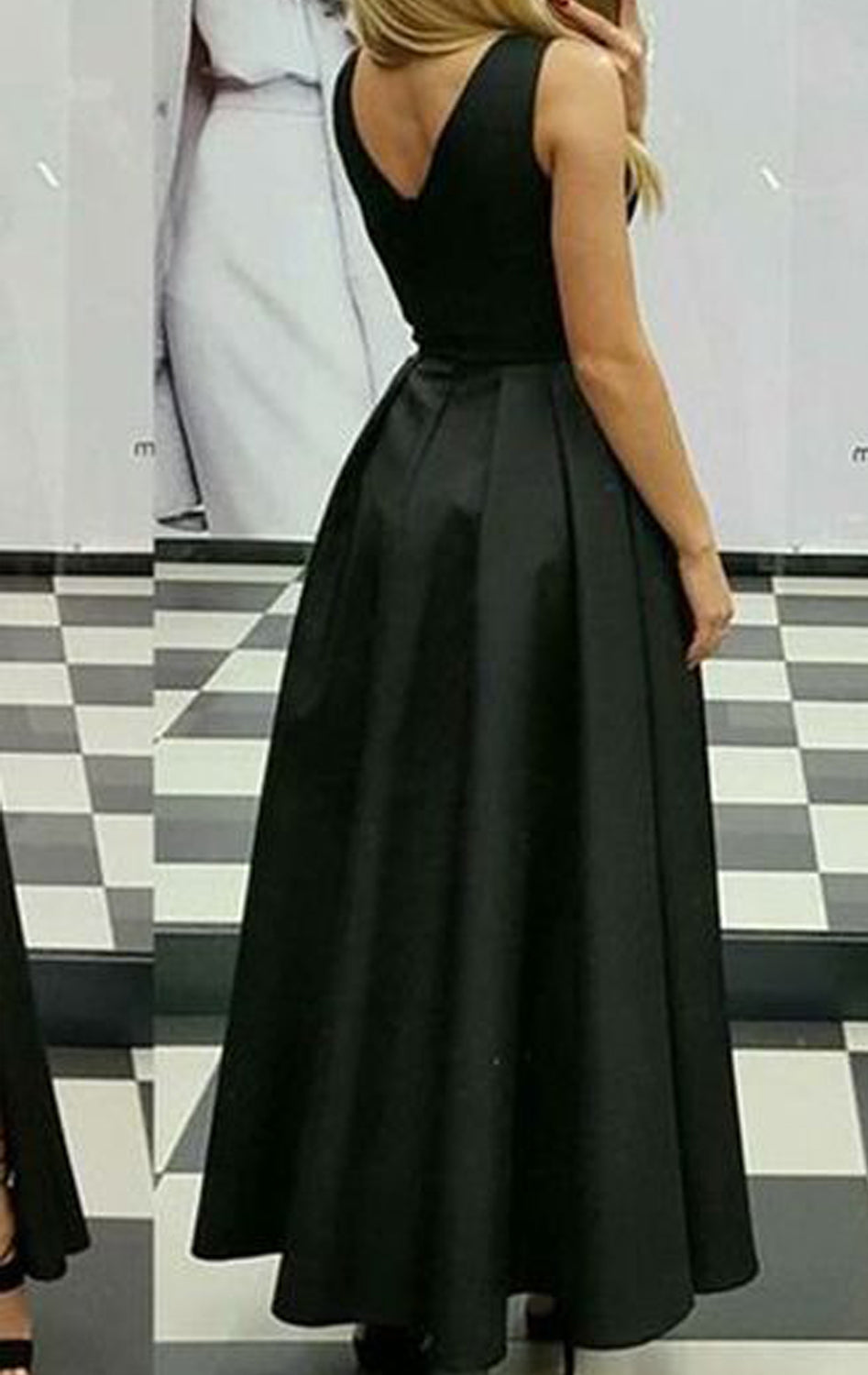 MACloth Deep V Neck High Low Prom Homecoming Dress Satin Black Formal Evening Gown