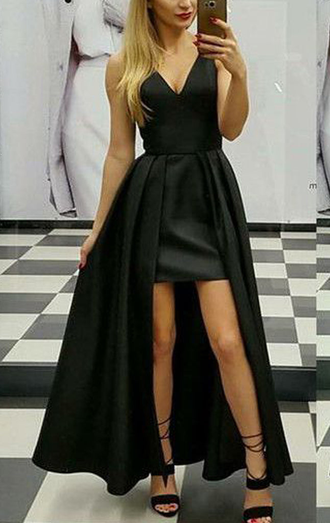 MACloth Deep V Neck High Low Prom Homecoming Dress Satin Black Formal Evening Gown