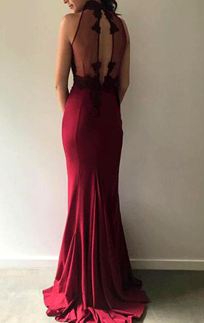Vestido de fiesta largo de jersey de encaje con cuello alto y sirena MACloth, vestido de noche formal color burdeos