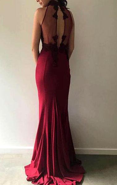 MACloth Mermaid High Neck Lace Jersey Long Prom Dress Burgundy Formal Evening Gown