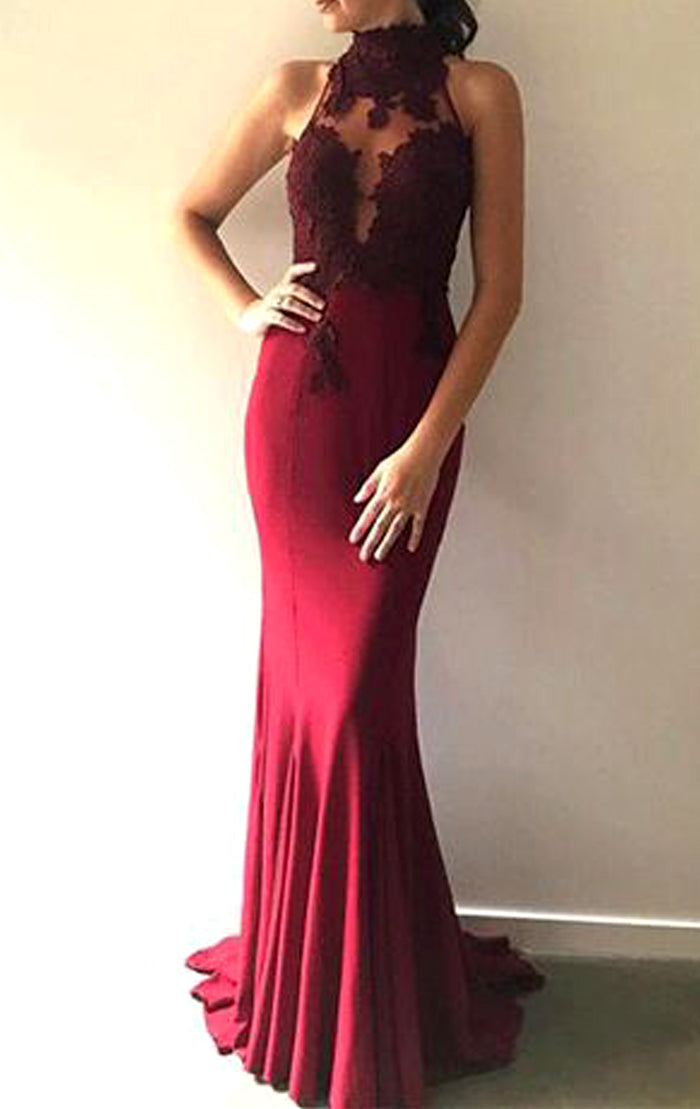 Vestido de fiesta largo de jersey de encaje con cuello alto y sirena MACloth, vestido de noche formal color burdeos