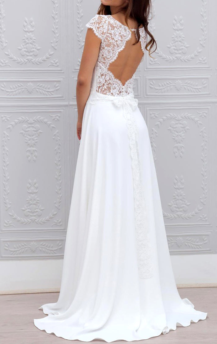 Vestido de fiesta de gasa con encaje y mangas cortas de MACloth en color marfil, precioso vestido de noche formal, vestido de novia 10790