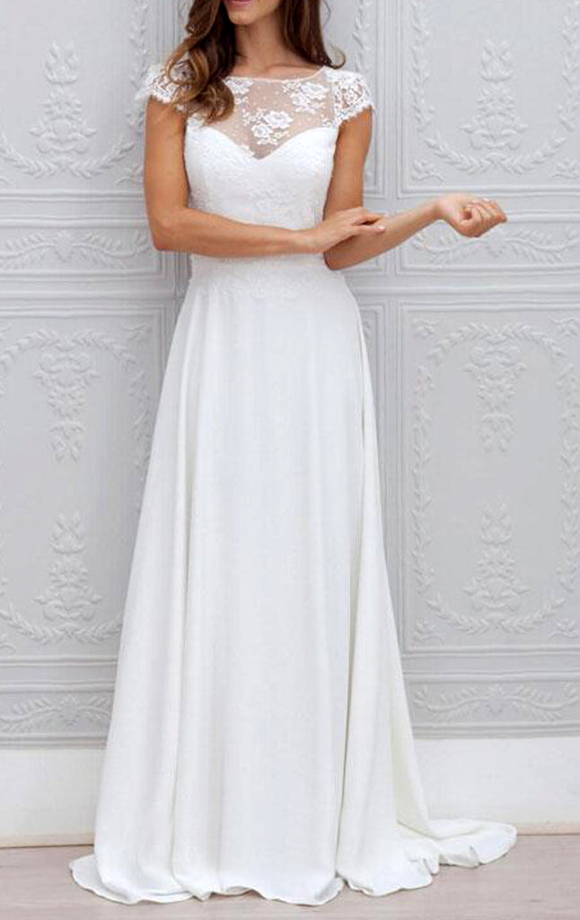 MACloth Cap Sleeves Lace Chiffon Ivory Prom Dress Gorgeous Formal Evening Gown, Bridal Gown 10790