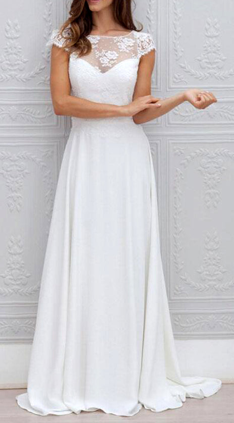 MACloth Cap Sleeves Lace Chiffon Ivory Prom Dress Gorgeous Formal Evening Gown, Bridal Gown 10790