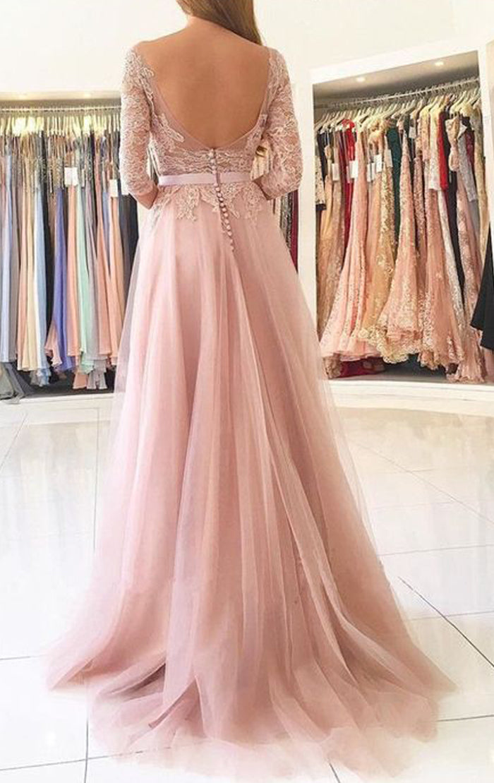 Macloth 3/4 Sleeves Lace Tulle Long Prom Dress Blush Pink Formal Evening Gown US20W / Custom Color Macloth 3/4 Sleeves Lace Tulle Long Prom Dress Blush Pink Formal Evening Gown US20W / Custom Color