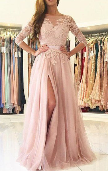 MACloth 3/4 Sleeves Lace Tulle Long Prom Dress Blush Pink Formal Evening Gown