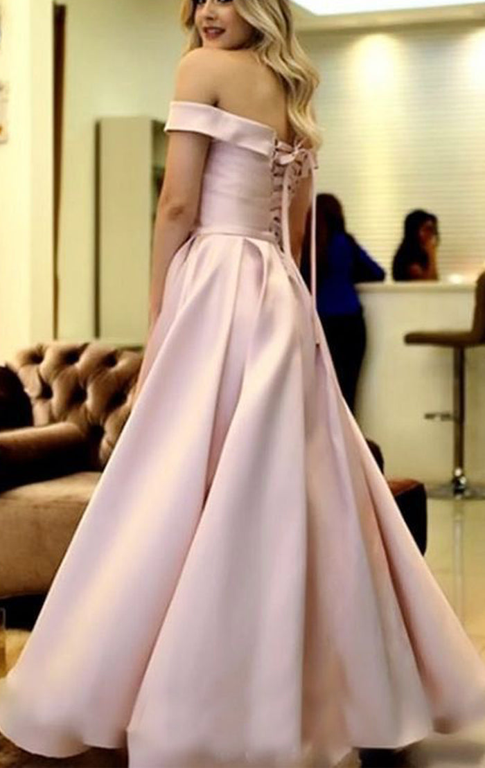 Macloth Off The Shoulder Satin Long Prom Dress Blush Pink Formal Evening Gown US10 / Custom Color