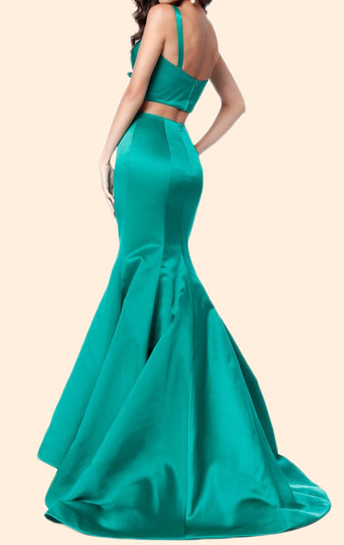 MACloth Mermaid 2 Piece Satin Long Prom Dress Blue Formal Evening Gown