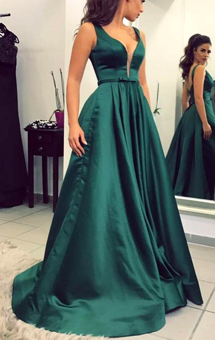Vestido de fiesta largo de satén con escote en V profundo y tirantes MACloth, vestido de noche formal verde oscuro