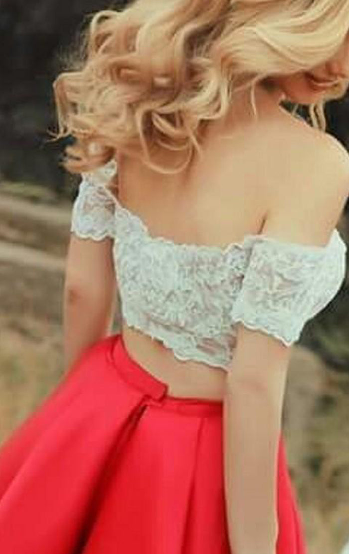 Vestido corto de fiesta de graduación de dos piezas con hombros descubiertos de MACloth, vestido de satén con encaje rojo para boda