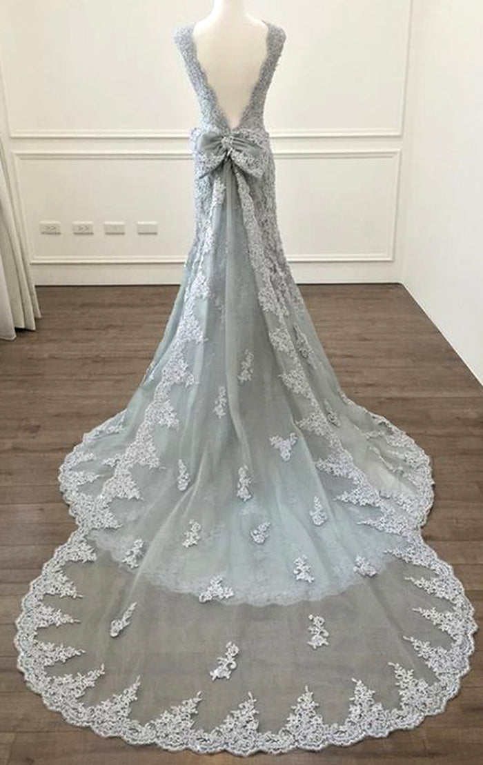 Vestido de fiesta largo de encaje con escote redondo y sirena de MACloth, vestido de noche formal plateado 10800