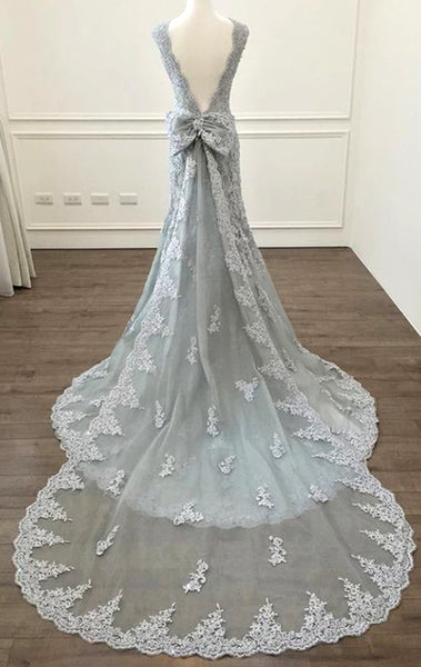 MACloth Mermaid O Neck Lace Long Prom Dress Silver Formal Evening Gown 10800