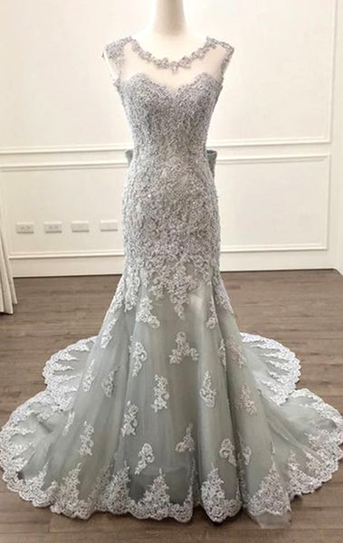 MACloth Mermaid O Neck Lace Long Prom Dress Silver Formal Evening Gown 10800