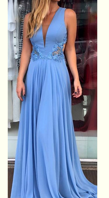 MACloth Deep V Neck Chiffon Lace Long Prom Dress Blue Formal Evening Gown
