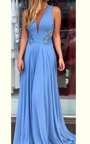MACloth Deep V Neck Chiffon Lace Long Prom Dress Blue Formal Evening Gown